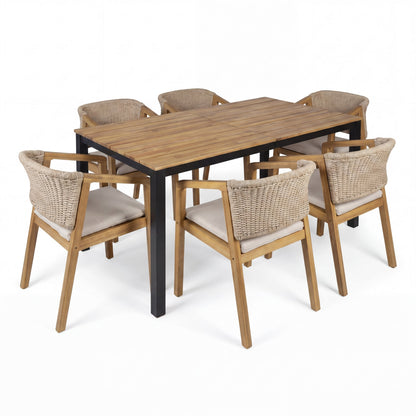 7-Piece Outdoor Dining Set, Acacia Wood Table & 6 Rope Chairs