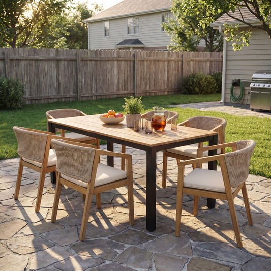 7-Piece Outdoor Dining Set, Acacia Wood Table & 6 Rope Chairs