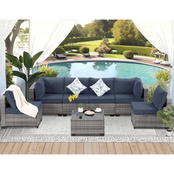 7-Piece Outdoor Wicker Patio Furniture Set, Sectional Conversation Set with 3-Seat Sofa, Loveseat, Coffee Table, Chairs & Ottomans, Gray