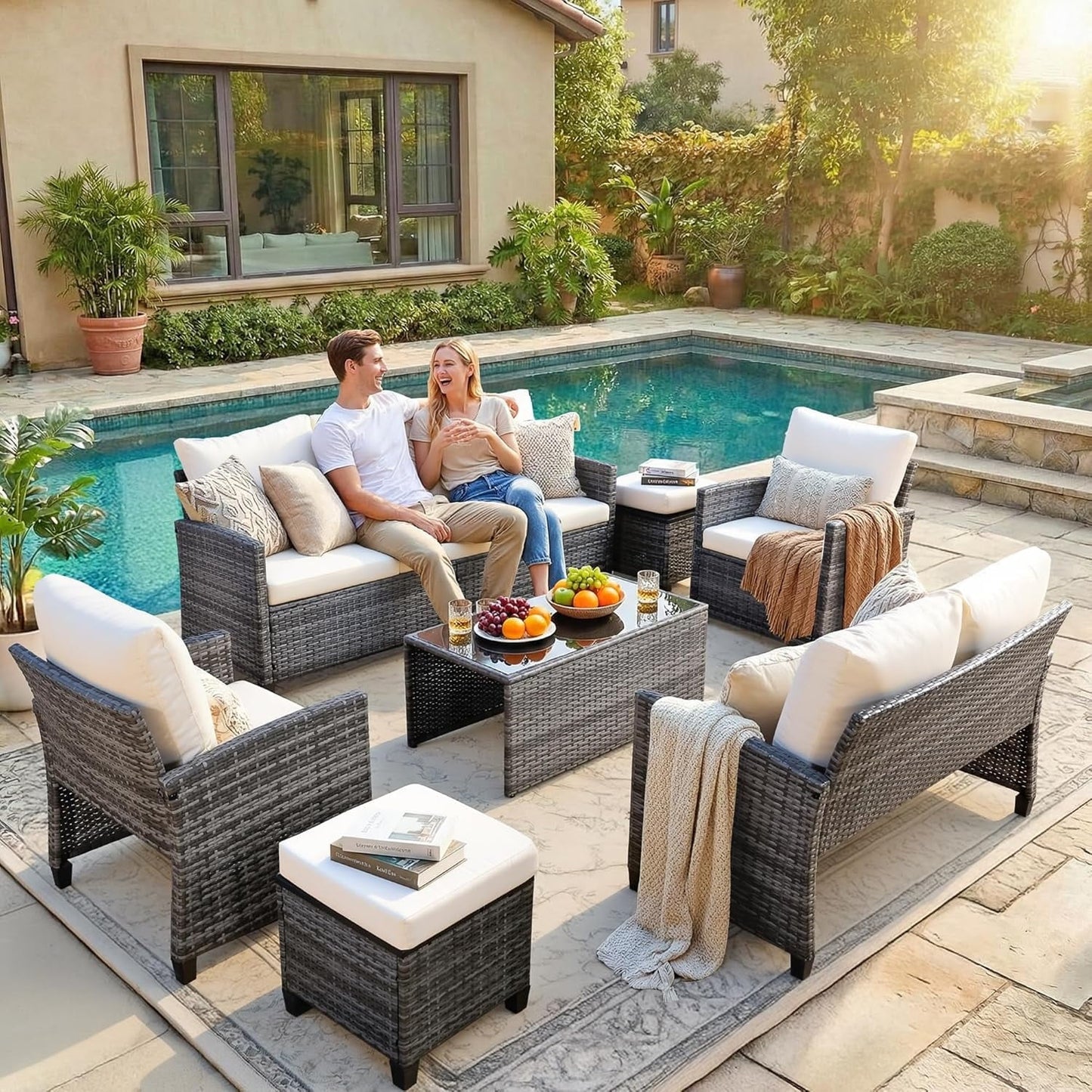 7-Piece Outdoor Wicker Patio Furniture Set, Sectional Conversation Set with 3-Seat Sofa, Loveseat, Coffee Table, Chairs & Ottomans, Gray