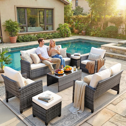 7-Piece Outdoor Wicker Patio Furniture Set, Sectional Conversation Set with 3-Seat Sofa, Loveseat, Coffee Table, Chairs & Ottomans, Gray