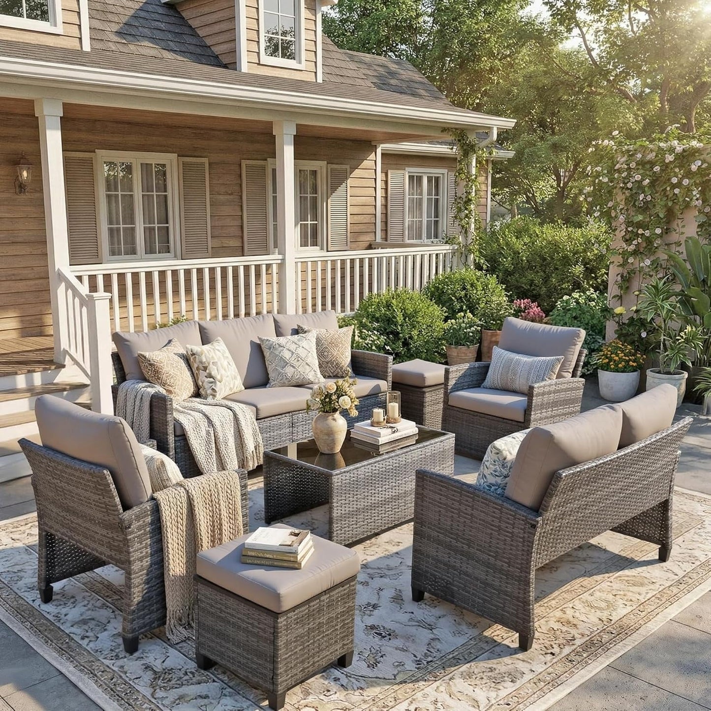 7-Piece Outdoor Wicker Patio Furniture Set, Sectional Conversation Set with 3-Seat Sofa, Loveseat, Coffee Table, Chairs & Ottomans, Gray