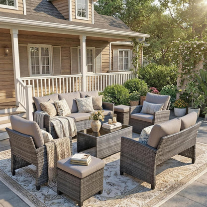 7-Piece Outdoor Wicker Patio Furniture Set, Sectional Conversation Set with 3-Seat Sofa, Loveseat, Coffee Table, Chairs & Ottomans, Gray
