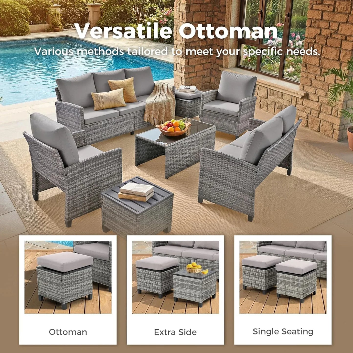 7-Piece Outdoor Wicker Patio Furniture Set, Sectional Conversation Set with 3-Seat Sofa, Loveseat, Coffee Table, Chairs & Ottomans, Gray