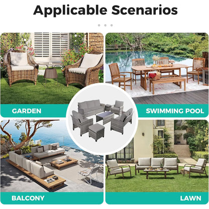 7-Piece Outdoor Wicker Patio Furniture Set, Sectional Conversation Set with 3-Seat Sofa, Loveseat, Coffee Table, Chairs & Ottomans, Gray