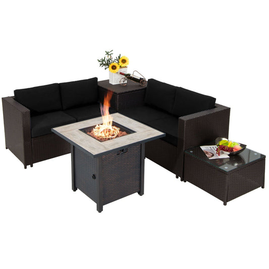 5-Piece Patio Furniture Set with 30 Inches Gas Fire Pit Table Outdoor PE Wicker Sofa Set