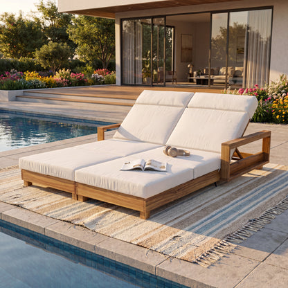 Double Acacia Wood Chaise Lounge Set
