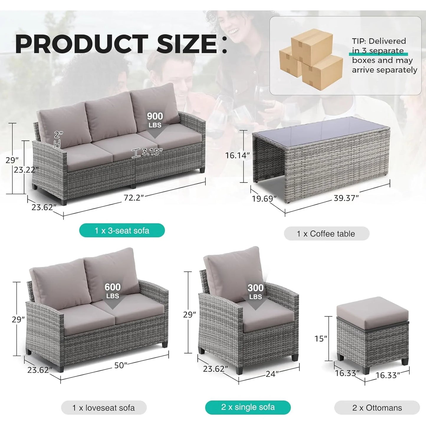 7-Piece Outdoor Wicker Patio Furniture Set, Sectional Conversation Set with 3-Seat Sofa, Loveseat, Coffee Table, Chairs & Ottomans, Gray