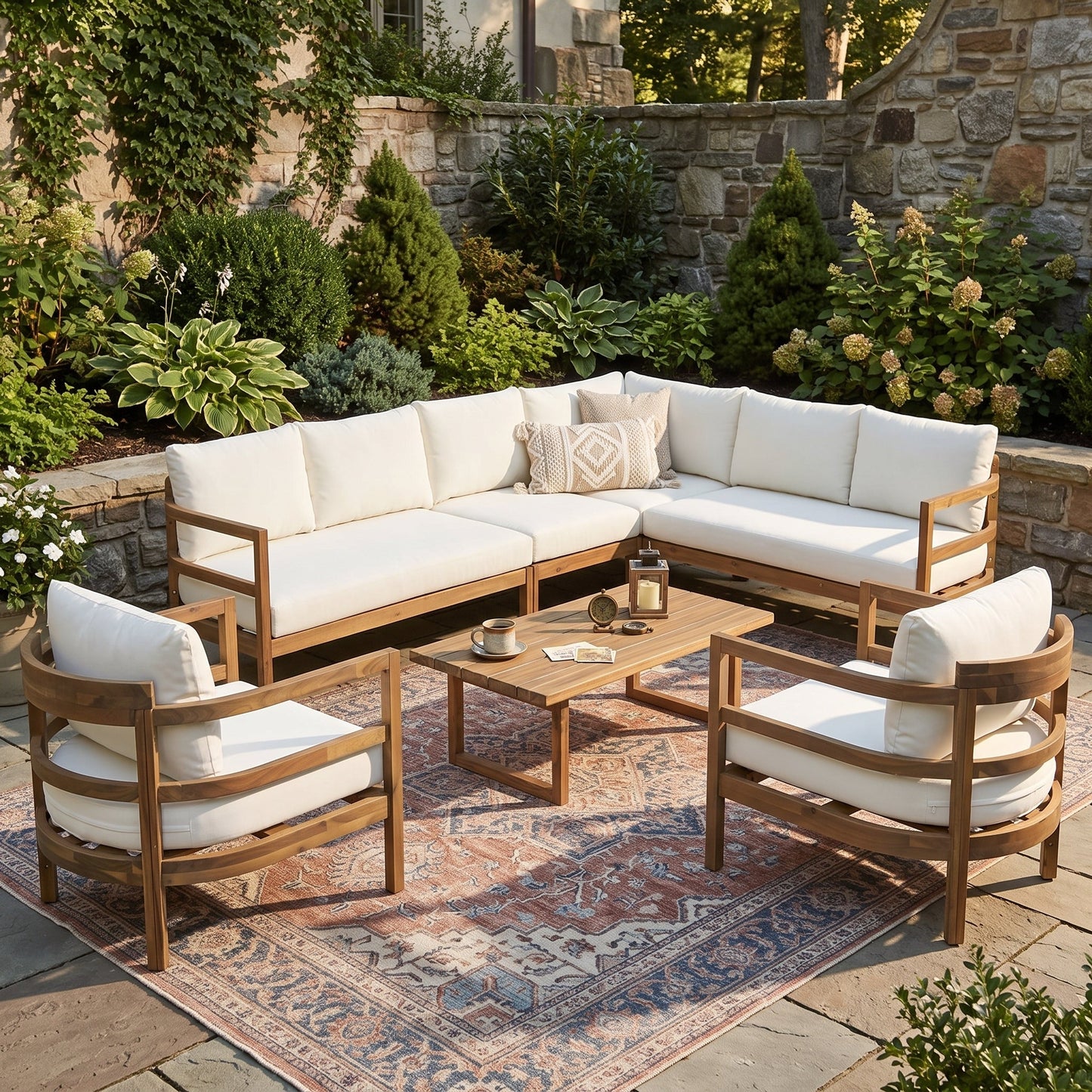 Outdoor Acacia Wood 7-Seater Sectional Sofa Set