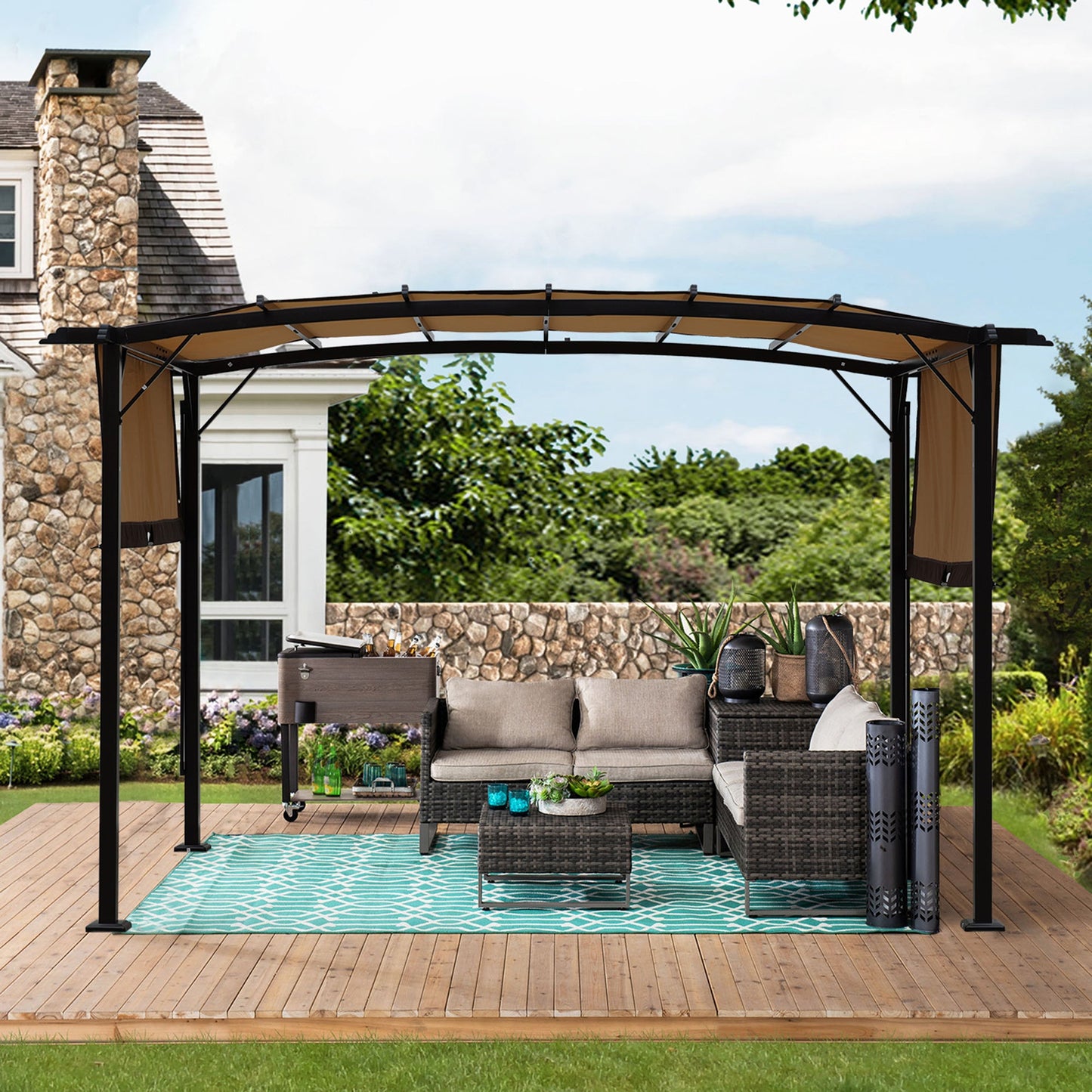 12 x 9 Ft Outdoor Canopy Patio Gazebo, Retractable Shade Canopy, Steel Frame Grape Gazebo, Sun Shelter for Gardens