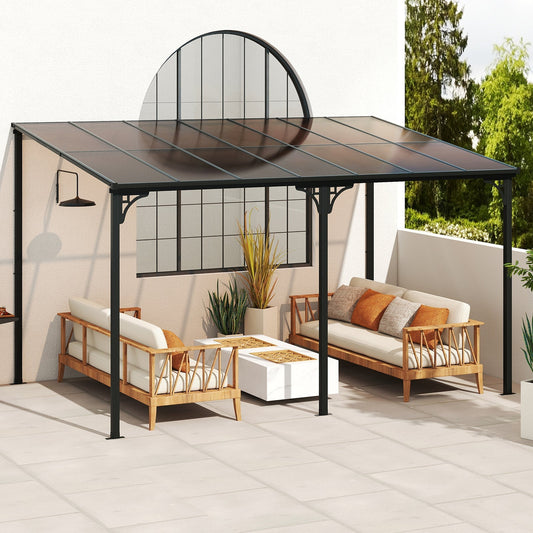10' x 13' Wall-Mounted Patio Pergola Gazebo Large Outdoor Hardtop with Sloped Polycarbonate Roof-Black