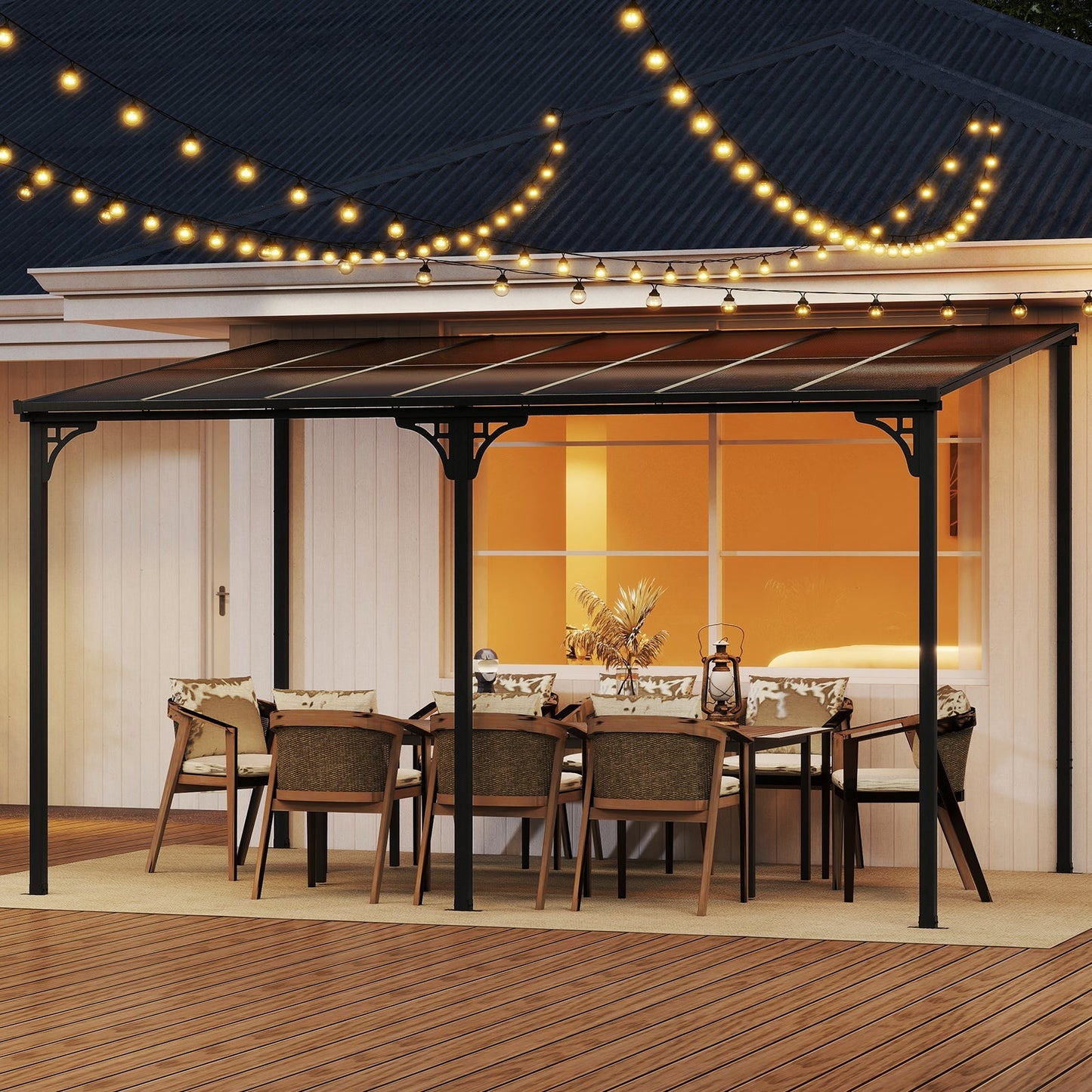 10' x 13' Wall-Mounted Patio Pergola Gazebo Large Outdoor Hardtop with Sloped Polycarbonate Roof-Black
