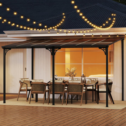 10' x 13' Wall-Mounted Patio Pergola Gazebo Large Outdoor Hardtop with Sloped Polycarbonate Roof-Black
