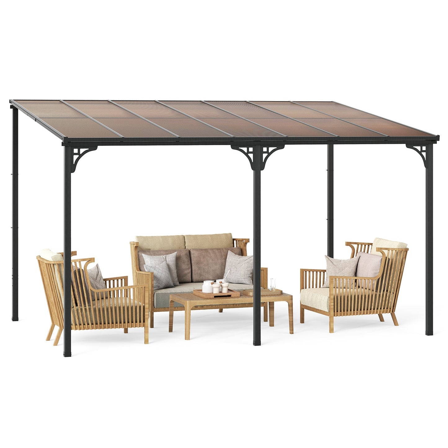 10' x 13' Wall-Mounted Patio Pergola Gazebo Large Outdoor Hardtop with Sloped Polycarbonate Roof-Black