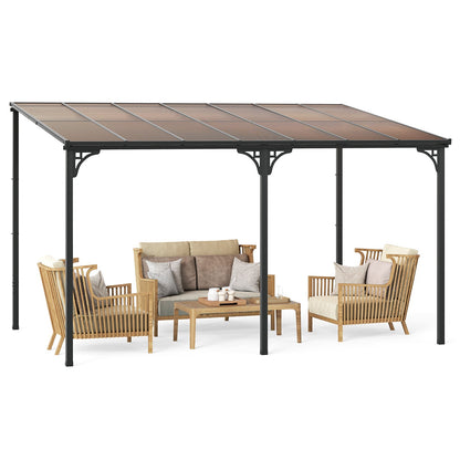 10' x 13' Wall-Mounted Patio Pergola Gazebo Large Outdoor Hardtop with Sloped Polycarbonate Roof-Black