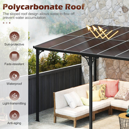 10' x 13' Wall-Mounted Patio Pergola Gazebo Large Outdoor Hardtop with Sloped Polycarbonate Roof-Black