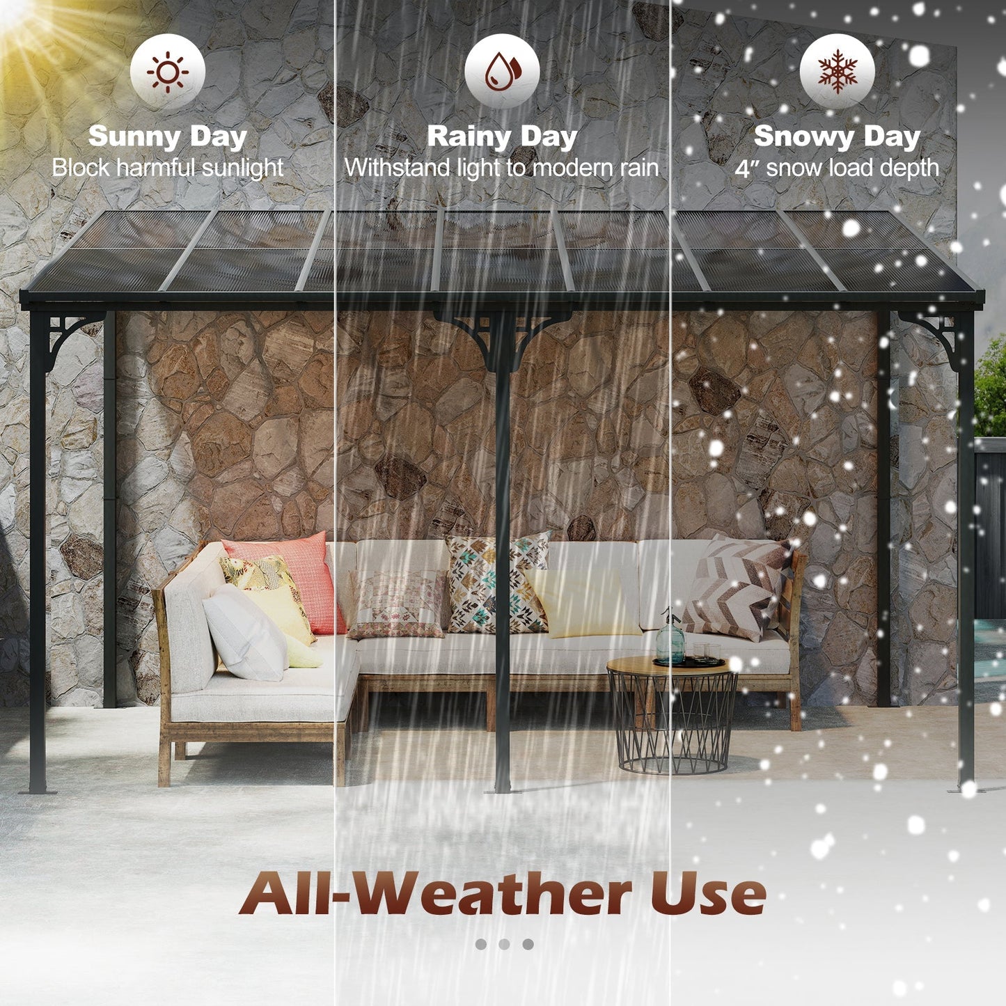10' x 13' Wall-Mounted Patio Pergola Gazebo Large Outdoor Hardtop with Sloped Polycarbonate Roof-Black