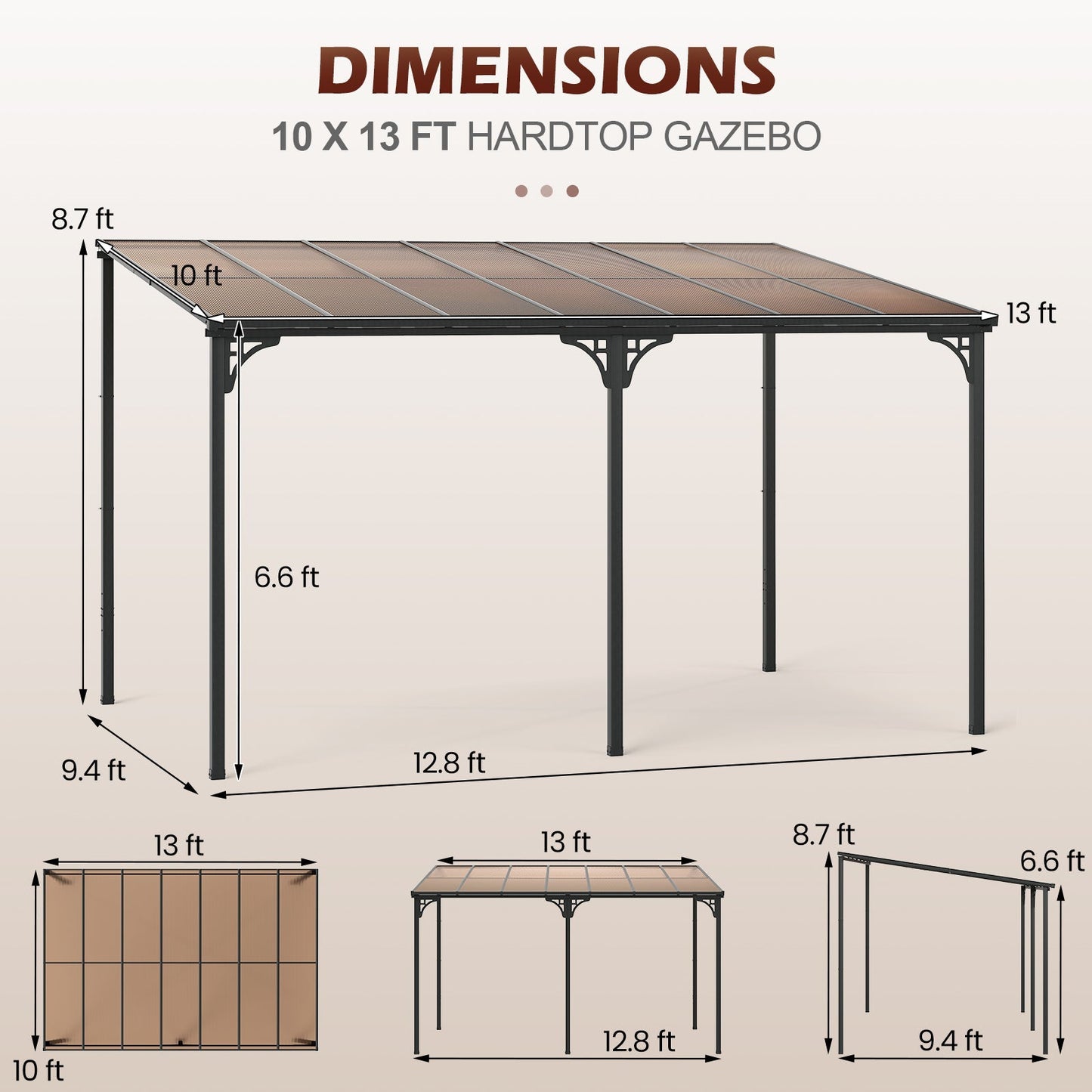 10' x 13' Wall-Mounted Patio Pergola Gazebo Large Outdoor Hardtop with Sloped Polycarbonate Roof-Black