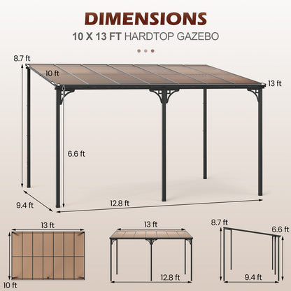 10' x 13' Wall-Mounted Patio Pergola Gazebo Large Outdoor Hardtop with Sloped Polycarbonate Roof-Black
